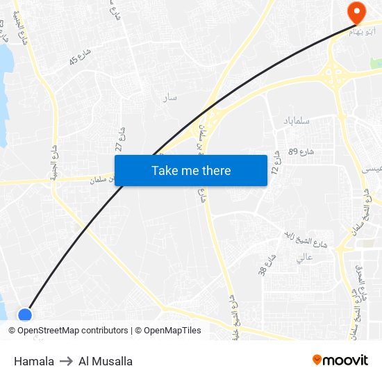 Hamala to Al Musalla map