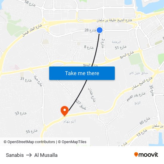 Sanabis to Al Musalla map