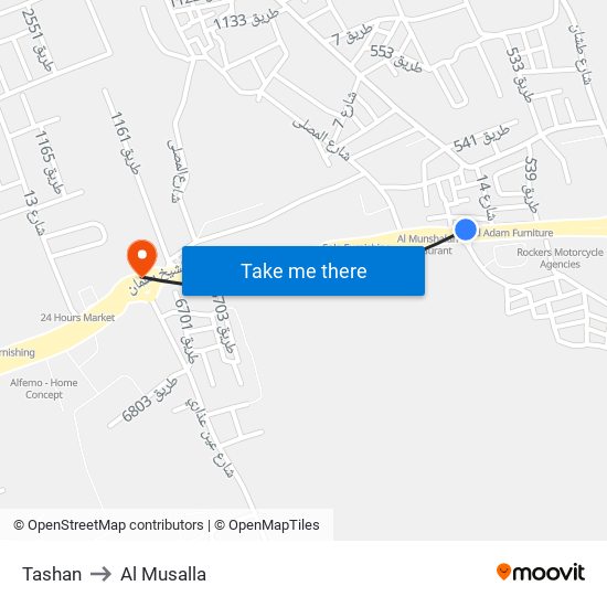 Tashan to Al Musalla map
