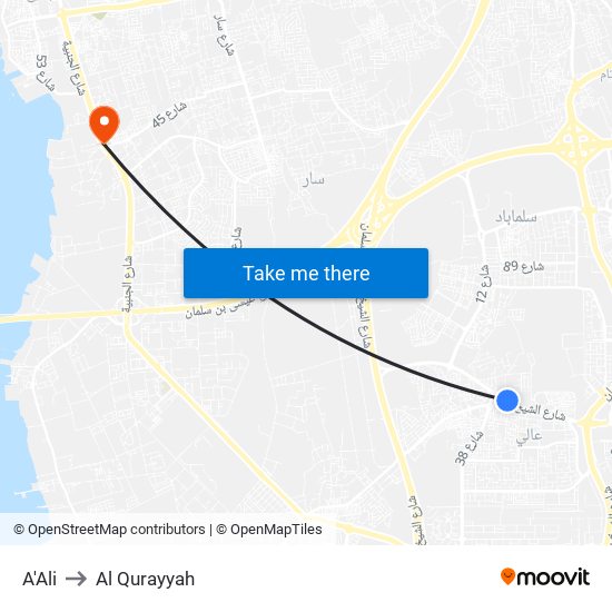 A'Ali to Al Qurayyah map