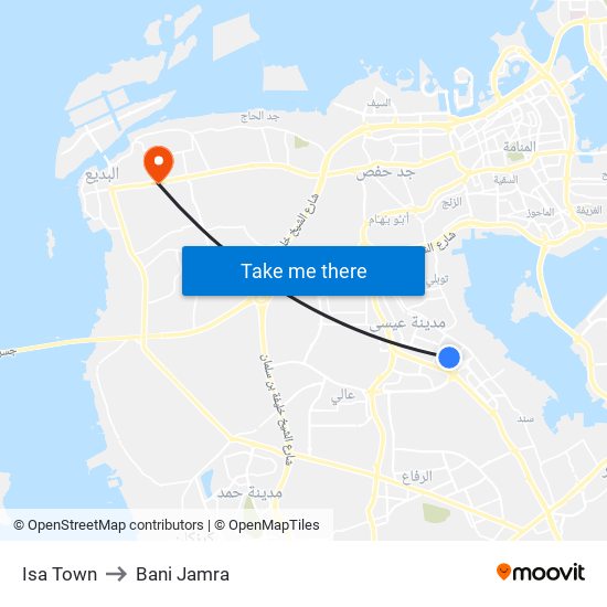 Isa Town to Bani Jamra map