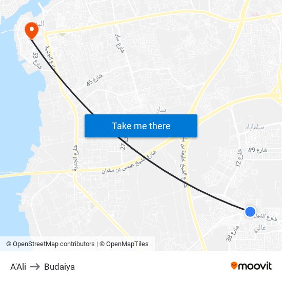 A'Ali to Budaiya map