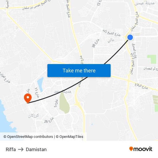 Riffa to Damistan map