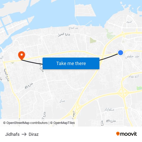 Jidhafs to Diraz map