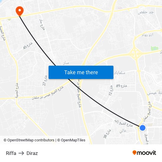 Riffa to Diraz map