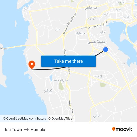 Isa Town to Hamala map