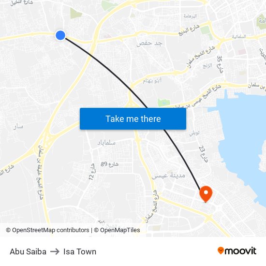 Abu Saiba to Isa Town map