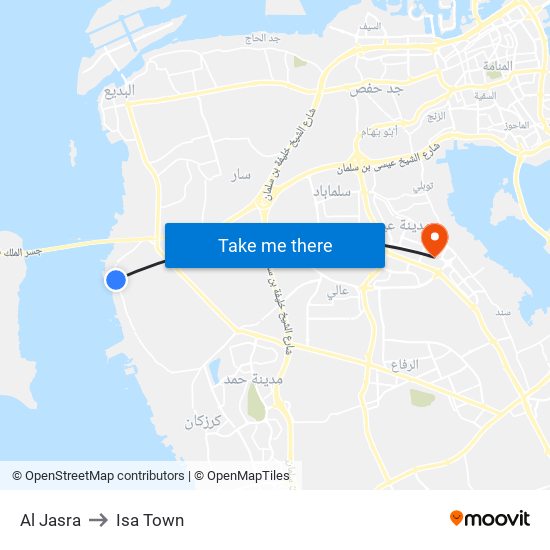 Al Jasra to Isa Town map