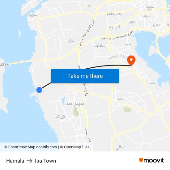 Hamala to Isa Town map