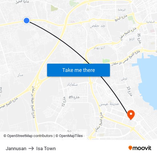 Jannusan to Isa Town map