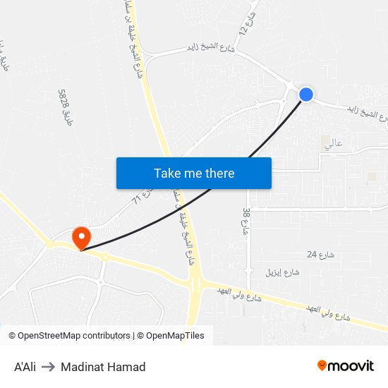 A'Ali to Madinat Hamad map