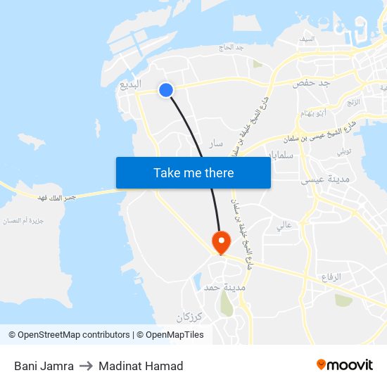Bani Jamra to Madinat Hamad map