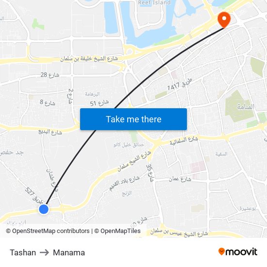 Tashan to Manama map