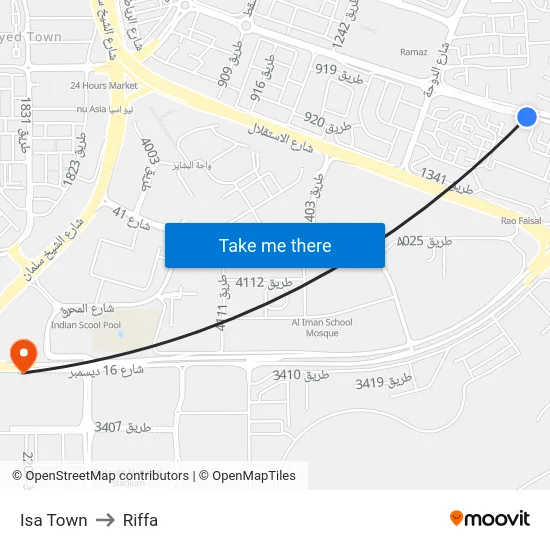 Isa Town to Riffa map