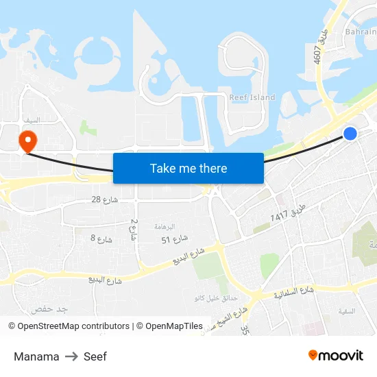 Manama to Seef map