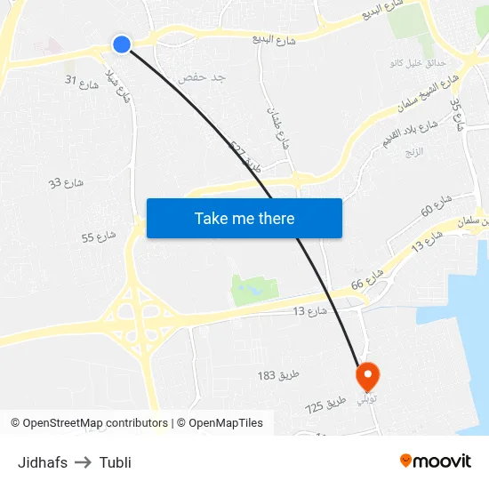 Jidhafs to Tubli map