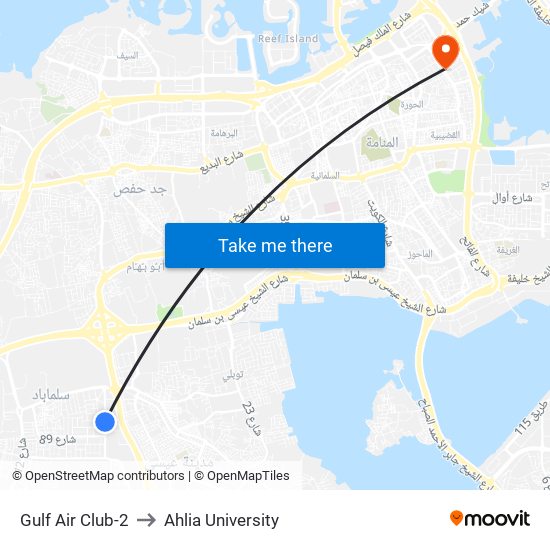Gulf Air Club-2 to Ahlia University map