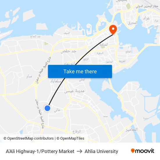 A'Ali Highway-1/Pottery Market to Ahlia University map