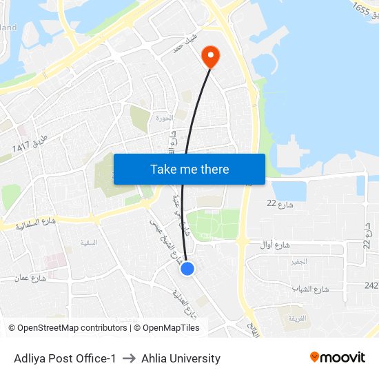 Adliya Post Office-1 to Ahlia University map