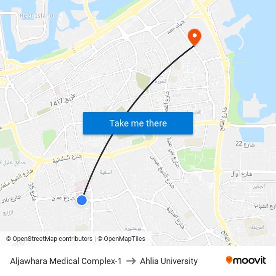 Aljawhara Medical Complex-1 to Ahlia University map