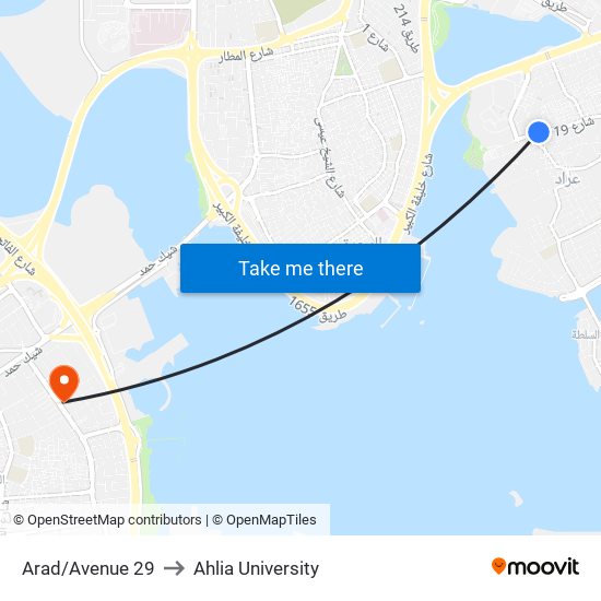 Arad/Avenue 29 to Ahlia University map