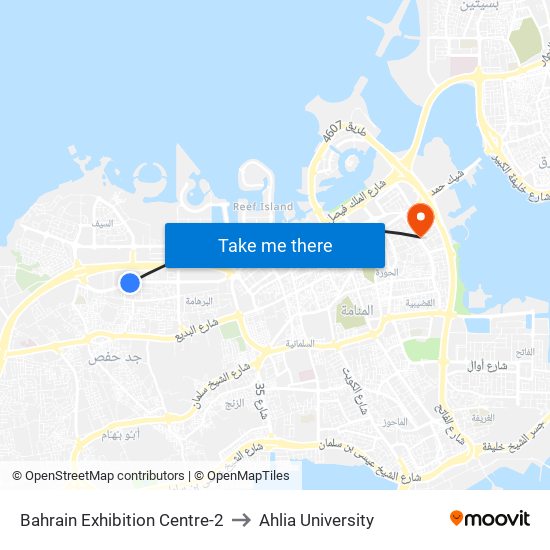 Bahrain Exhibition Centre-2 to Ahlia University map