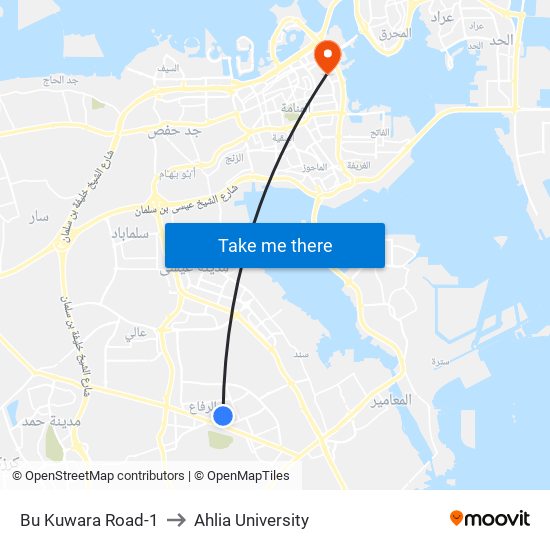 Bu Kuwara Road-1 to Ahlia University map