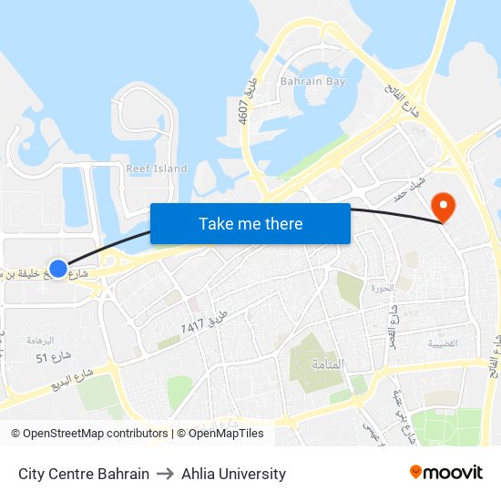 City Centre Bahrain to Ahlia University map