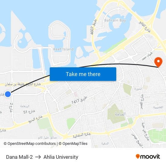 Dana Mall-2 to Ahlia University map