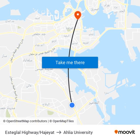 Esteglal Highway/Hajeyat to Ahlia University map