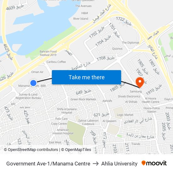 Government Ave-1/Manama Centre to Ahlia University map