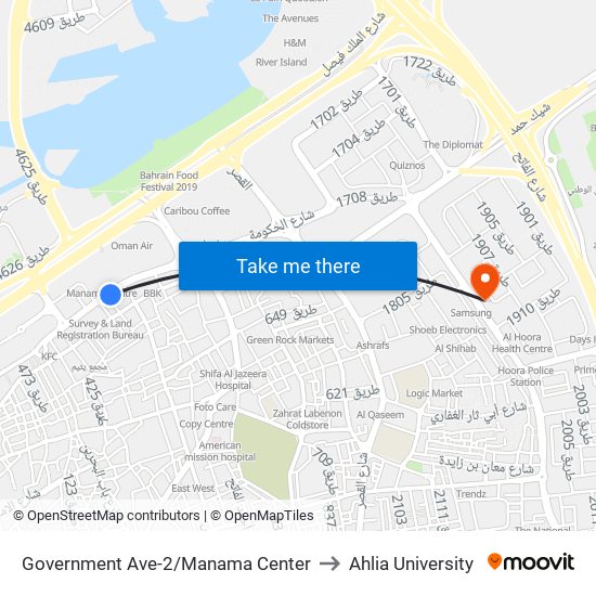 Government Ave-2/Manama Center to Ahlia University map