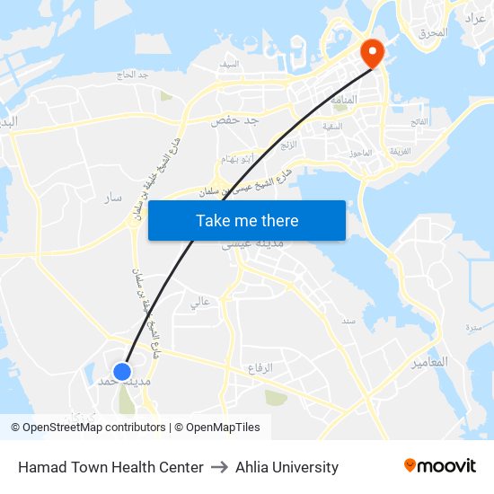 Hamad Town Health Center to Ahlia University map