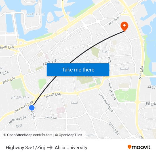 Highway 35-1/Zinj to Ahlia University map