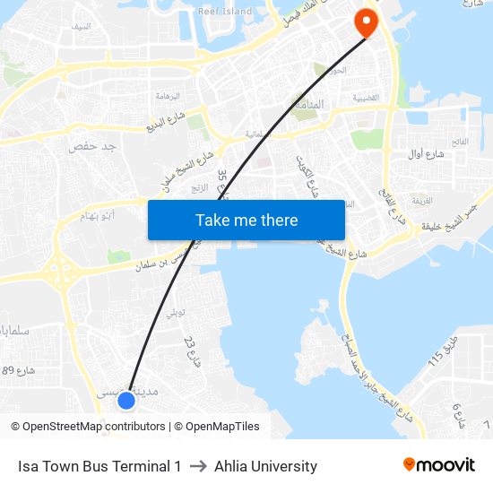 Isa Town Bus Terminal 1 to Ahlia University map