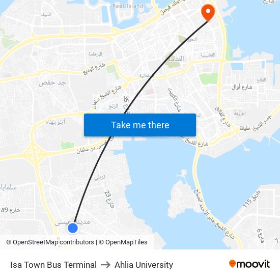 Isa Town Bus Terminal to Ahlia University map