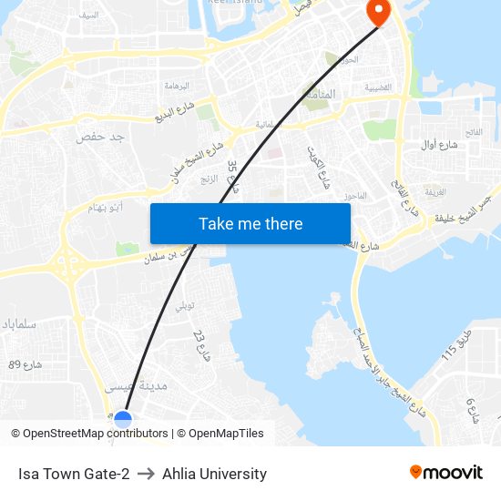 Isa Town Gate-2 to Ahlia University map