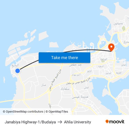 Janabiya Highway-1/Budaiya to Ahlia University map