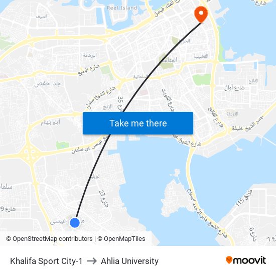 Khalifa Sport City-1 to Ahlia University map
