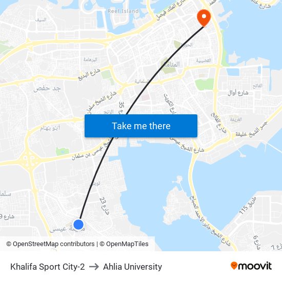 Khalifa Sport City-2 to Ahlia University map