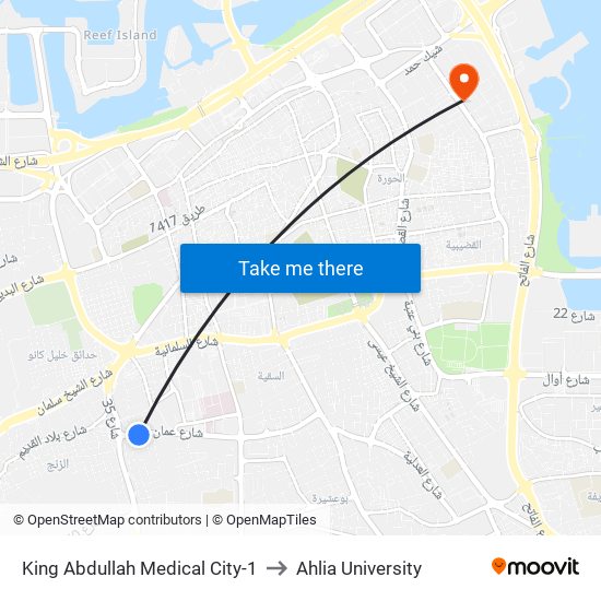 King Abdullah Medical City-1 to Ahlia University map