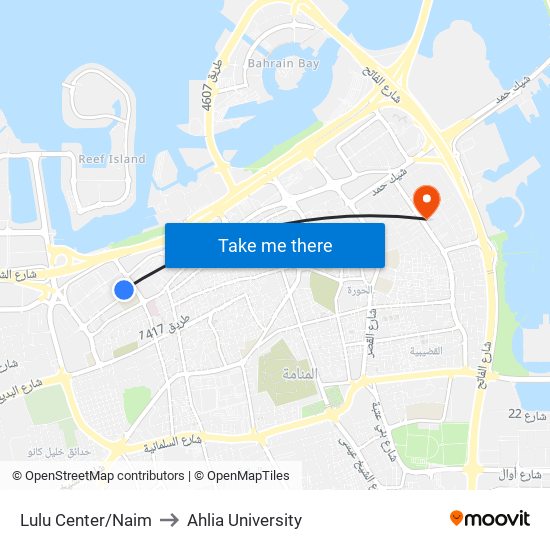 Lulu Center/Naim to Ahlia University map