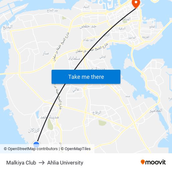 Malkiya Club to Ahlia University map