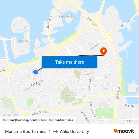 Manama Bus Terminal 1 to Ahlia University map