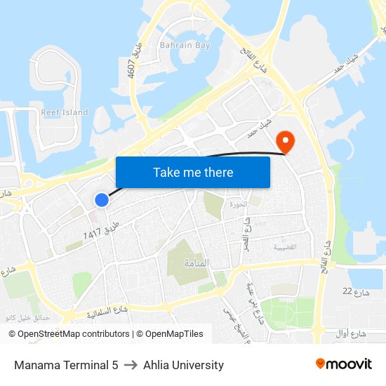 Manama Terminal 5 to Ahlia University map