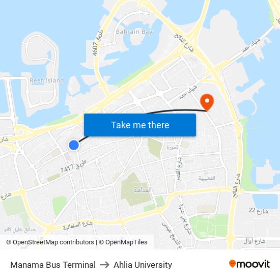 Manama Bus Terminal to Ahlia University map