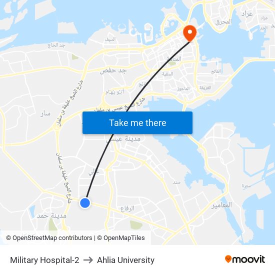 Military Hospital-2 to Ahlia University map