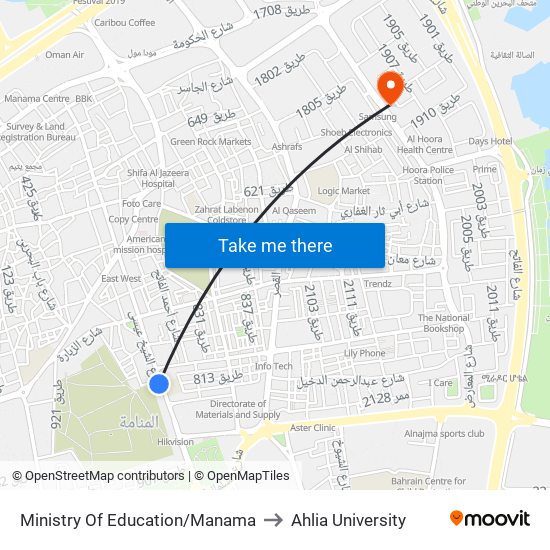 Ministry Of Education/Manama to Ahlia University map