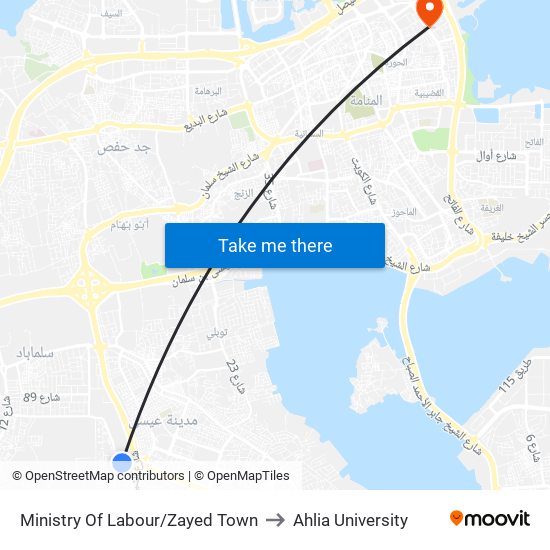 Ministry Of Labour/Zayed Town to Ahlia University map