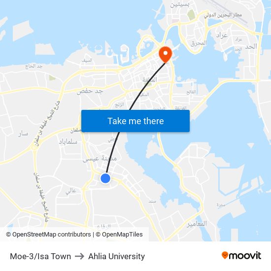 Moe-3/Isa Town to Ahlia University map